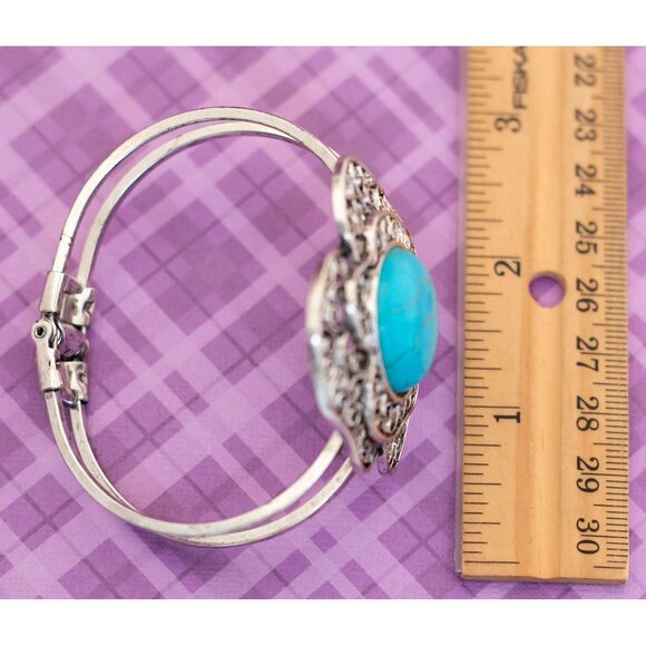 Vintage Floral Wavy Style Circle Blue Hinged Bangle 7 1/2 inch - BX9 - Picture 4 of 4